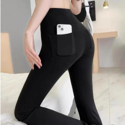 加絨加厚口袋微喇叭褲女外穿鯊魚褲高腰收腹顯瘦芭比瑜珈打底褲女