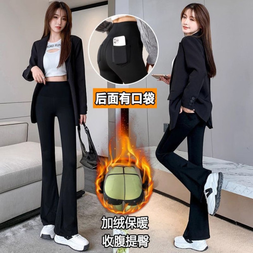 加絨加厚口袋微喇叭褲女外穿鯊魚褲高腰收腹顯瘦芭比瑜珈打底褲女