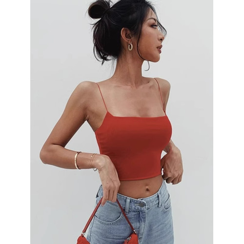 歐美紅色露背吊帶背心女夏季外穿性感低領帶胸墊一體式美背上衣潮