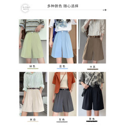 卡其色西裝短褲女夏季薄款高腰顯瘦寬松直筒休閒中褲濶腿五分褲子