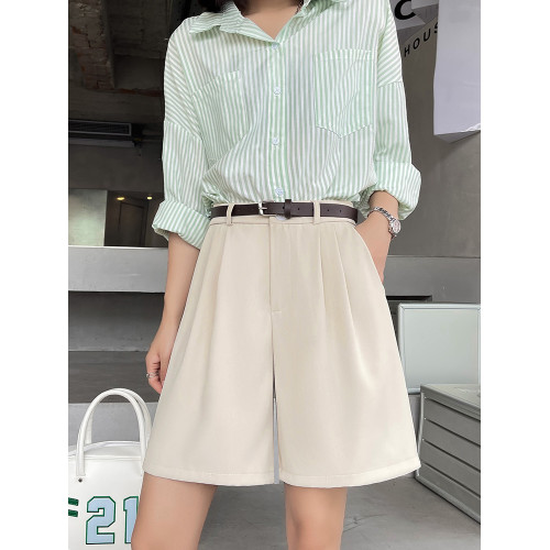 卡其色西裝短褲女夏季薄款高腰顯瘦寬松直筒休閒中褲濶腿五分褲子