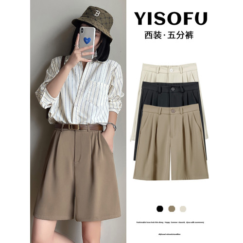 卡其色西裝短褲女夏季薄款高腰顯瘦寬松直筒休閒中褲濶腿五分褲子