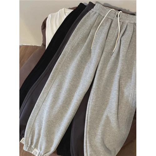 胖妹妹加絨加厚松緊腰休閒運動褲女秋冬季新款大碼寬松束腳衛褲