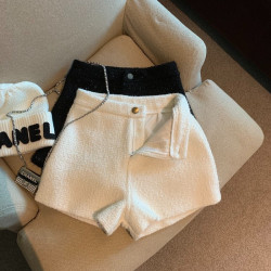 小香風粗花呢白色短褲女秋冬高腰顯瘦a字濶腿靴褲外穿休閒打底褲