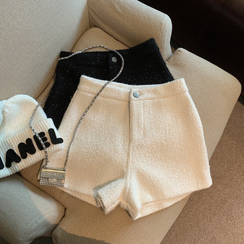 小香風粗花呢白色短褲女秋冬高腰顯瘦a字濶腿靴褲外穿休閒打底褲