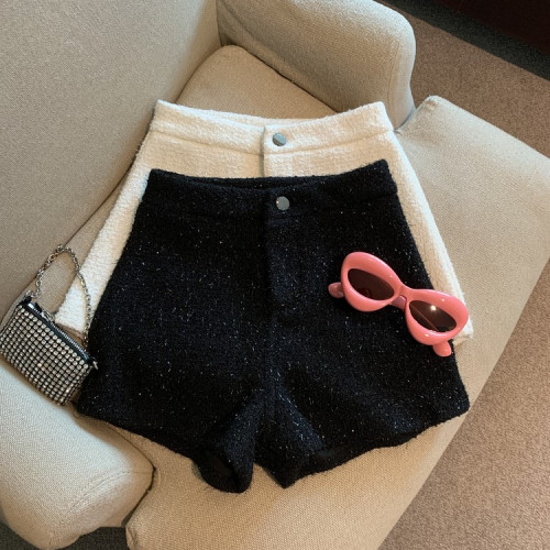 小香風粗花呢白色短褲女秋冬高腰顯瘦a字濶腿靴褲外穿休閒打底褲