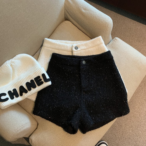 小香風粗花呢白色短褲女秋冬高腰顯瘦a字濶腿靴褲外穿休閒打底褲