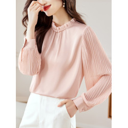 法式襯衫女秋季設計感高級雪紡衫2025新款立領上衣珍珠打底衫