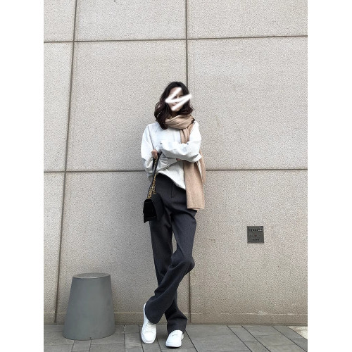 深灰色毛呢高腰直筒濶腿拖地褲女2025秋冬顯瘦寬松休閒垂感長褲子