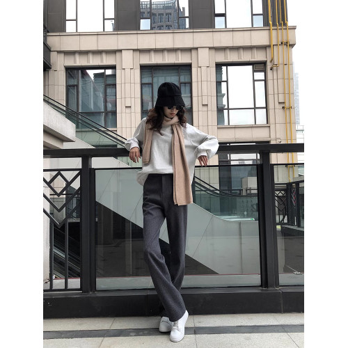 深灰色毛呢高腰直筒濶腿拖地褲女2025秋冬顯瘦寬松休閒垂感長褲子