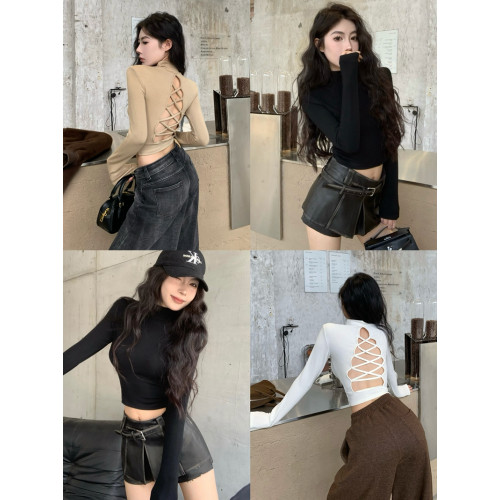 純欲辣妹露背墊肩上衣女秋冬半高領長袖t恤顯身材加絨打底衫內搭