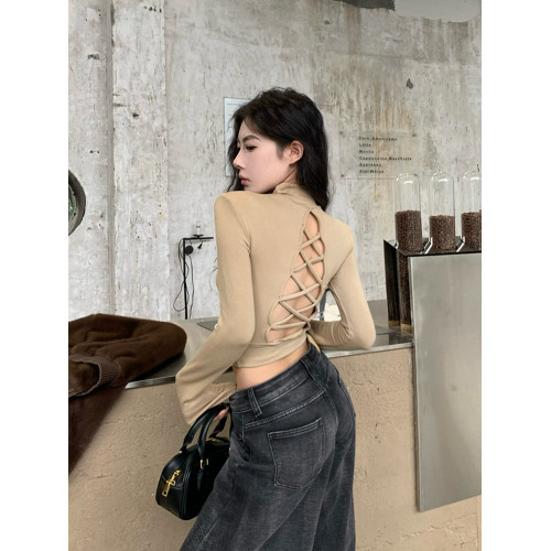 純欲辣妹露背墊肩上衣女秋冬半高領長袖t恤顯身材加絨打底衫內搭