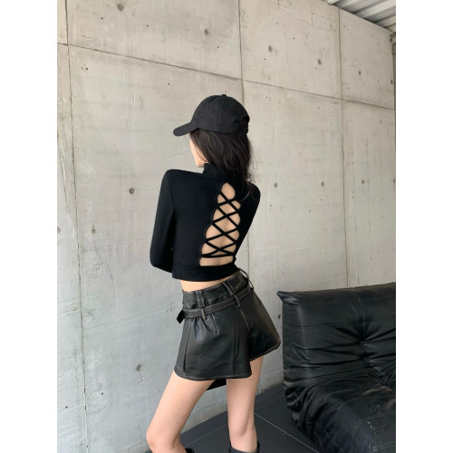 純欲辣妹露背墊肩上衣女秋冬半高領長袖t恤顯身材加絨打底衫內搭