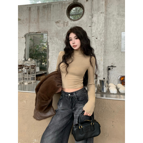 純欲辣妹露背墊肩上衣女秋冬半高領長袖t恤顯身材加絨打底衫內搭