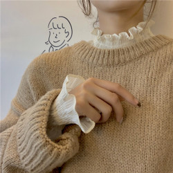 雪紡上衣毛衣內搭女春秋2023大碼胖mm木耳邊半高領長袖蕾絲打底衫