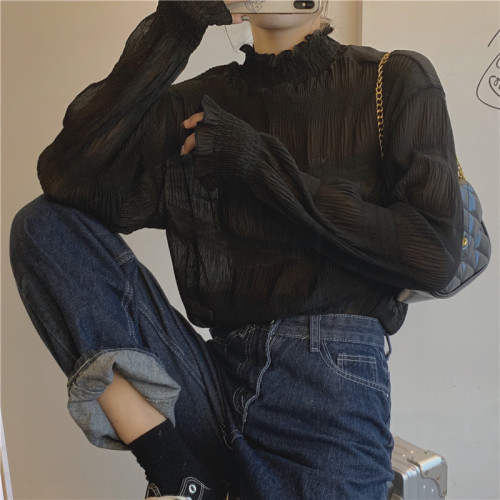 雪紡上衣毛衣內搭女春秋2023大碼胖mm木耳邊半高領長袖蕾絲打底衫 雪紡上衣毛衣內搭女春秋2023大碼胖mm木耳邊半高領長袖蕾絲打底衫