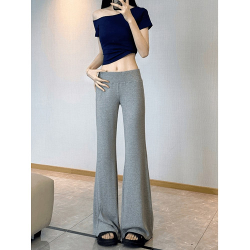 灰色針織微喇濶腿褲女秋季新款低腰辣妹休閒衛褲直筒褲垂垂拖地褲