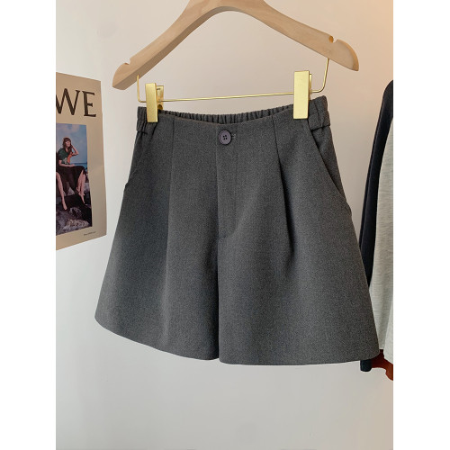 松緊高腰休閒濶腿毛呢短褲女2025秋冬新款外穿百搭小個子打底a字