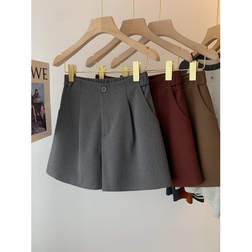 松緊高腰休閒濶腿毛呢短褲女2025秋冬新款外穿百搭小個子打底a字