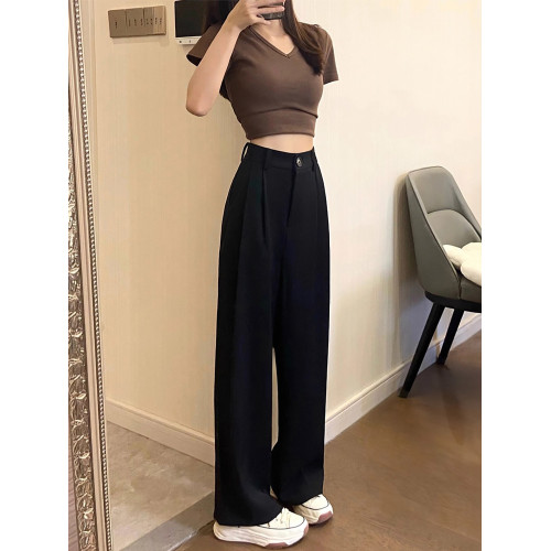 梨形身材黑色濶腿西裝褲女秋新款大碼胖mm高腰顯瘦寬松垂感休閒褲