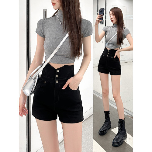 高腰短褲女夏季2025新款外穿a字顯瘦緊身收腹遮肚子辣妹黑色熱褲