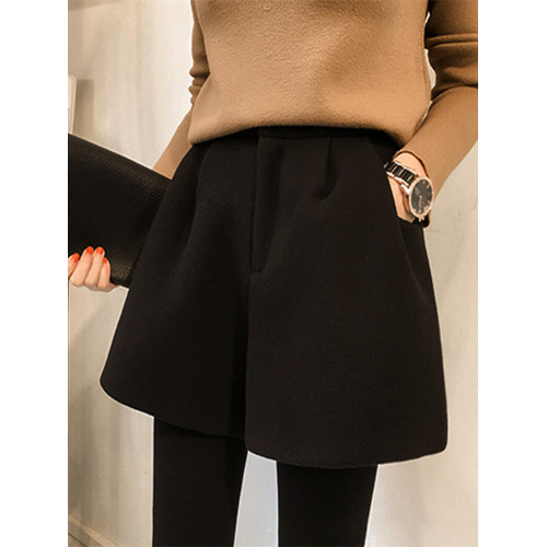 秋冬新款毛呢短褲大碼女高腰A字濶腿褲胖mm寬松顯瘦外穿打底靴褲