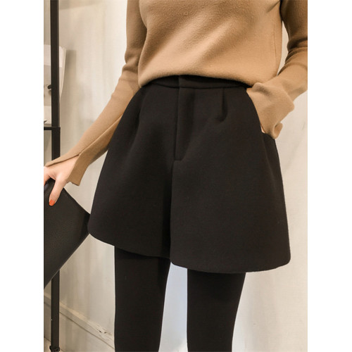 秋冬新款毛呢短褲大碼女高腰A字濶腿褲胖mm寬松顯瘦外穿打底靴褲