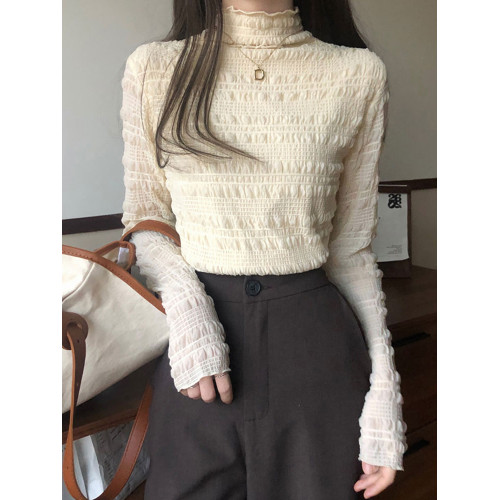 半高領加絨加厚蕾絲打底衫女秋冬大碼胖妹妹顯瘦純色內搭長袖T恤