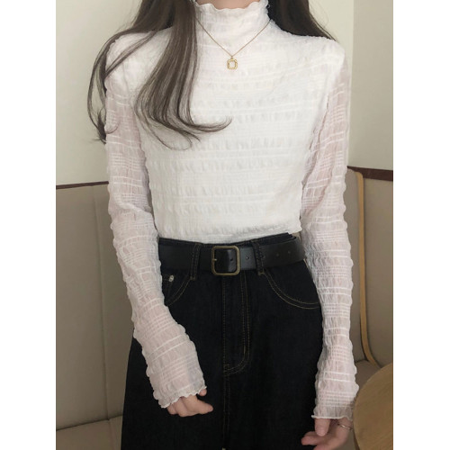 半高領加絨加厚蕾絲打底衫女秋冬大碼胖妹妹顯瘦純色內搭長袖T恤