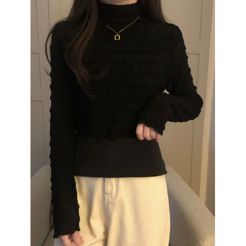 半高領加絨加厚蕾絲打底衫女秋冬大碼胖妹妹顯瘦純色內搭長袖T恤