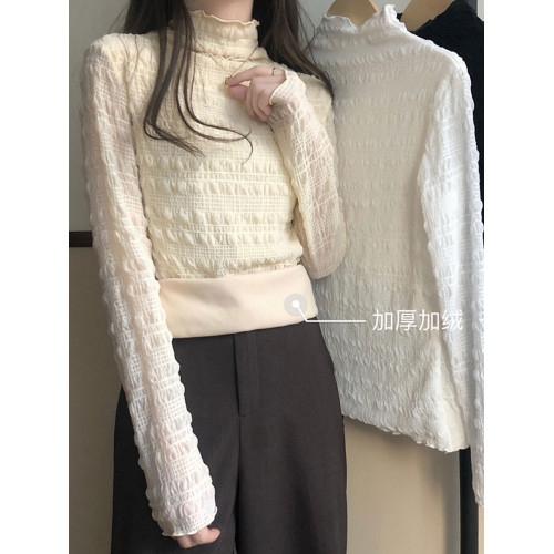 半高領加絨加厚蕾絲打底衫女秋冬大碼胖妹妹顯瘦純色內搭長袖T恤