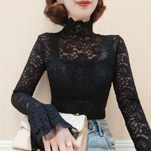 蕾絲打底衫女秋冬網紗荷葉邊高領內搭加絨喇叭袖緊身性感百搭上衣