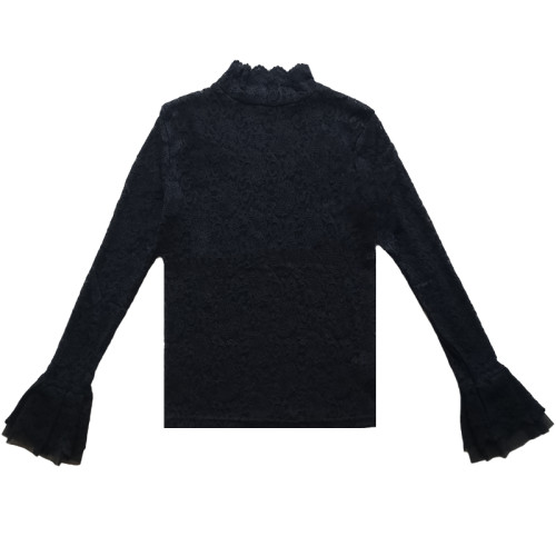 蕾絲打底衫女秋冬網紗荷葉邊高領內搭加絨喇叭袖緊身性感百搭上衣