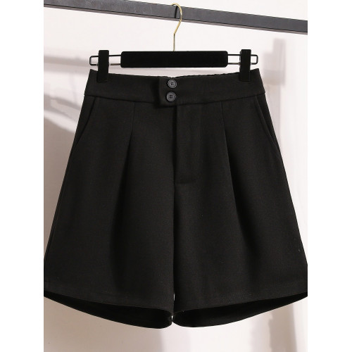 大碼秋季寬松外穿濶腿毛呢短褲女胖mm顯瘦高腰a字遮肉氣質休閒褲