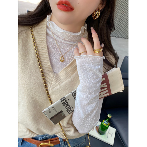 蕾絲打底衫女2025新款加絨白色小香風內搭秋冬半高領網紗黑色上衣