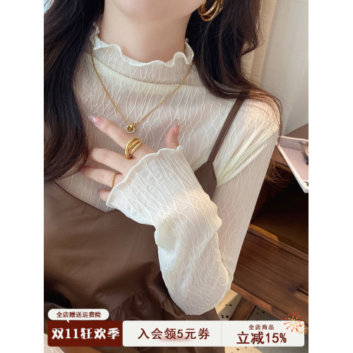 蕾絲打底衫女2025新款加絨白色小香風內搭秋冬半高領網紗黑色上衣