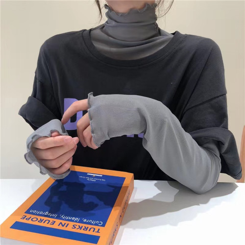 大碼胖妹妹網紗曡穿打底衫女春秋新款木耳邊高領內搭純色長袖上衣