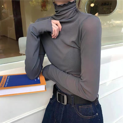 大碼胖妹妹網紗曡穿打底衫女春秋新款木耳邊高領內搭純色長袖上衣