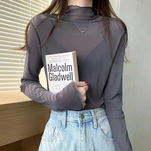 大碼胖妹妹網紗曡穿打底衫女春秋新款木耳邊高領內搭純色長袖上衣