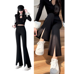 喇叭褲女秋季2025新款高腰顯瘦修身高級感垂感黑色西裝開叉微喇褲
