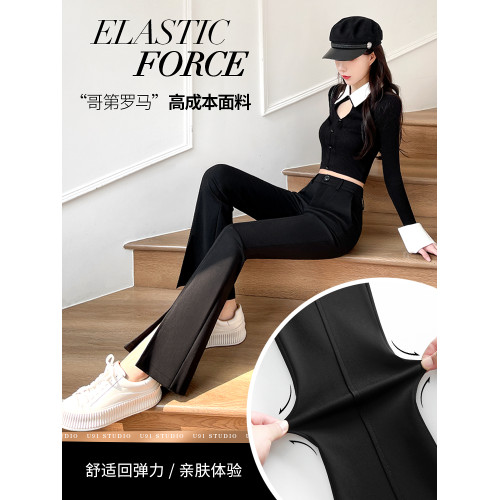 喇叭褲女秋季2025新款高腰顯瘦修身高級感垂感黑色西裝開叉微喇褲 喇叭褲女秋季2025新款高腰顯瘦修身高級感垂感黑色西裝開叉微喇褲