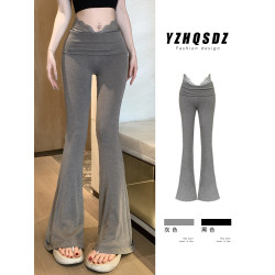 【芭蕾美學】蕾絲拼接高腰修身顯瘦瑜珈喇叭褲垂感微喇休閒褲女夏