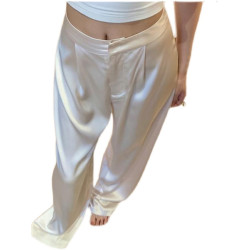 白色真絲醋酸緞面濶腿褲女夏垂感直筒氣質休閒褲顯瘦西褲拖地褲潮