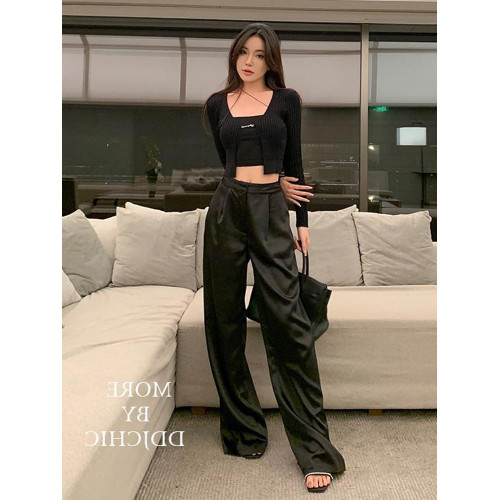 白色真絲醋酸緞面濶腿褲女夏垂感直筒氣質休閒褲顯瘦西褲拖地褲潮