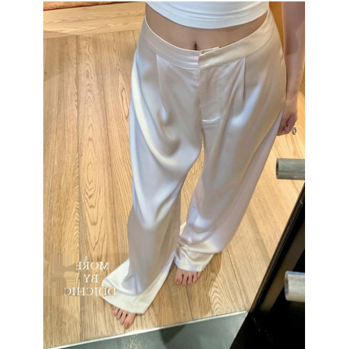 白色真絲醋酸緞面濶腿褲女夏垂感直筒氣質休閒褲顯瘦西褲拖地褲潮