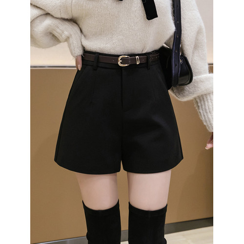 黑色毛呢西裝短褲女秋冬外穿打底靴褲時尚高腰寬松休閒a字濶腿褲 黑色毛呢西裝短褲女秋冬外穿打底靴褲時尚高腰寬松休閒a字濶腿褲