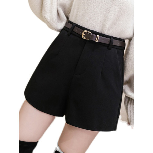 黑色毛呢西裝短褲女秋冬外穿打底靴褲時尚高腰寬松休閒a字濶腿褲 黑色毛呢西裝短褲女秋冬外穿打底靴褲時尚高腰寬松休閒a字濶腿褲