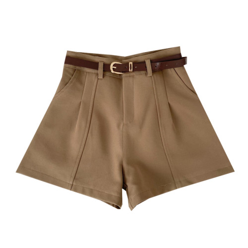 時尚百搭純色高腰顯瘦西裝短褲濶腿褲休閒褲配皮帶女2025夏季新款 時尚百搭純色高腰顯瘦西裝短褲濶腿褲休閒褲配皮帶女2025夏季新款