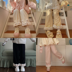 原創設計動物系列加絨直筒褲可愛冬季保暖休閒加厚褲子拼接刺綉