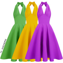 復古年代感掛脖波點連衣裙露背收腰吊帶印花度假中長裙子夏表演出